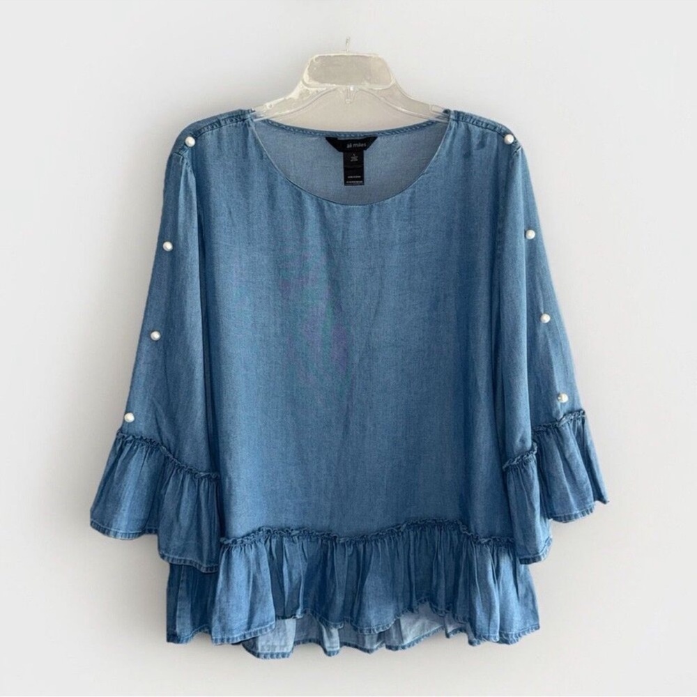 Ali Miles Blue Ruffled Boxy Blouse Size PL